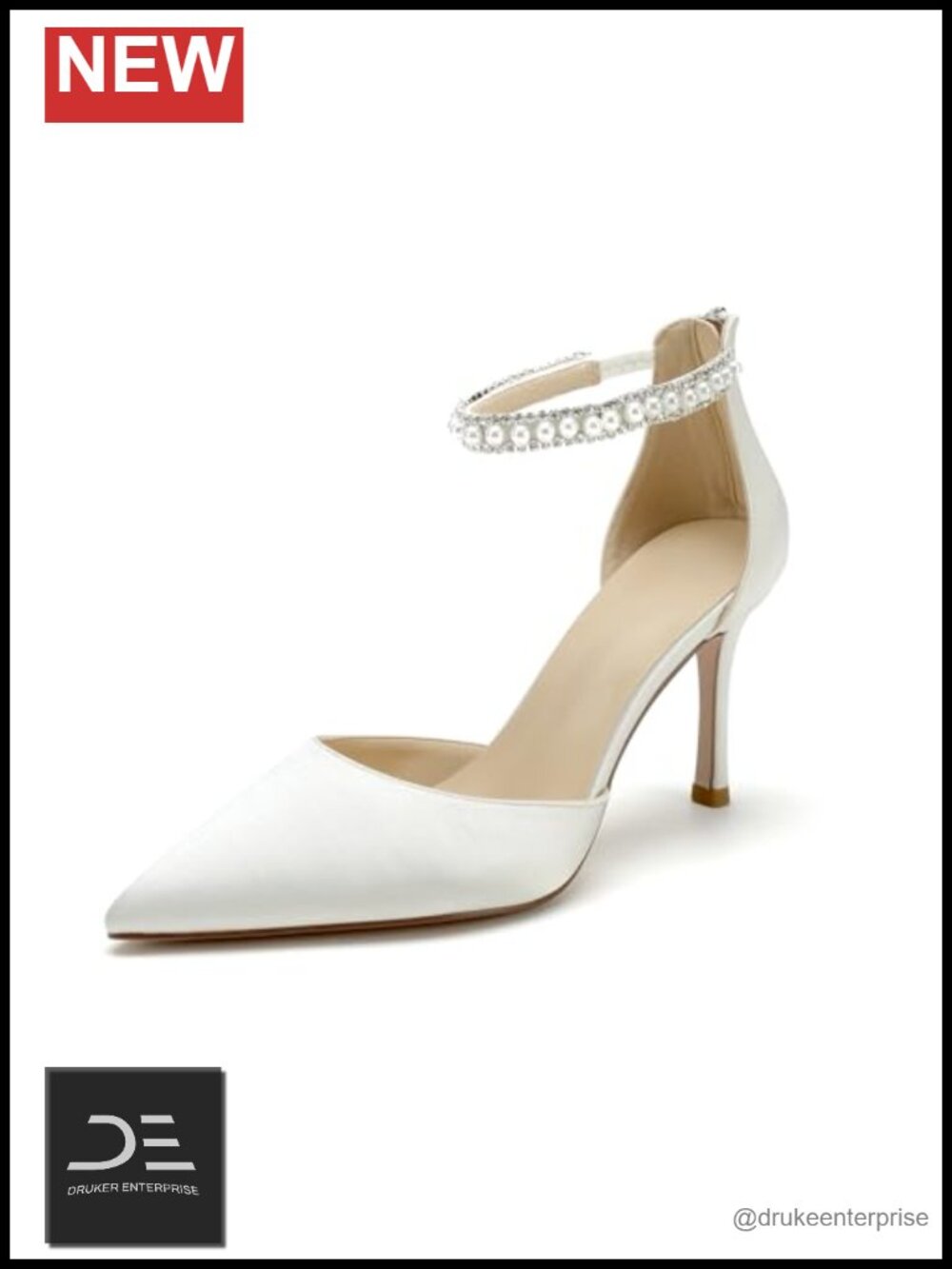 Pearl Satin Wedding Shoes Pointed Toe High Heels Zipper Back Bridal Pumps for
